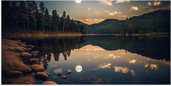 Poster (Mat) - Meer - Water - Bomen - Bos - Maan - 100x50 cm Foto op Posterpapier met een Matte look