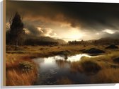 Hout - Landschap - Gras - Bomen - Wolken - Water - 80x60 cm - 9 mm dik - Foto op Hout (Met Ophangsysteem)