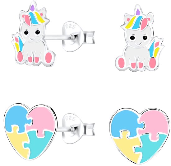 Joie|S - Boucles d'oreilles bébé licorne argent et boucles d'oreilles coeur/puzzle - lot de 2 paires - boucles d'oreilles enfant