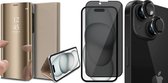 Hoesje geschikt voor iPhone 15 - Privacy Screenprotector FullGuard & Camera Lens Screen Protector Zwart - Book Case Spiegel Goud