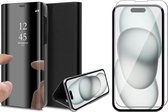 Hoesje geschikt voor iPhone 15 Plus - Screen Protector GlassGuard - Book Case Spiegel Zwart & Screenprotector