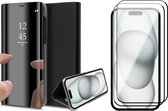 Hoesje geschikt voor iPhone 15 Plus - 2x Screen Protector FullGuard - Book Case Spiegel Zwart & Screenprotector