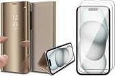 Hoesje geschikt voor iPhone 15 Plus - 2x Screen Protector GlassGuard - Book Case Spiegel Goud & Screenprotector