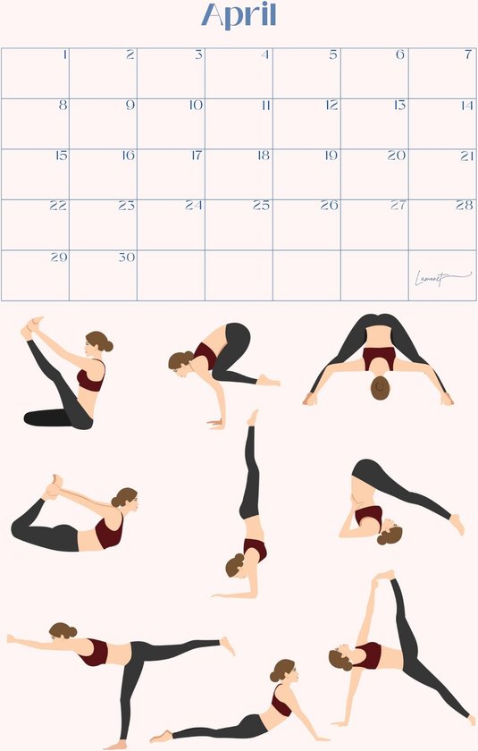 Kalender met 9 yoga poses in bordeaux en zwart sportkleding voor april.