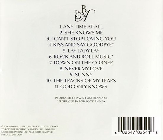 Achterkant van de cd 'Tracks of My Years'. Tracklist van 11 nummers, credits en barcode.