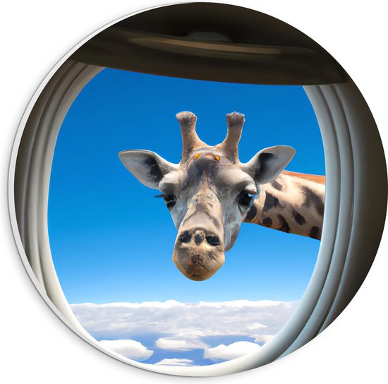 PVC Schuimplaat Muurcirkel - Giraffe boven de Wolken bij Vliegtuigraam - 20x20 cm Foto op Muurcirkel (met ophangsysteem)