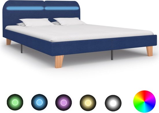 The Living Store Bedframe LED-strip 208 x 185 x 80 cm - Blauw - Hout en ijzer - Geschikt voor 180 x 200 cm matras