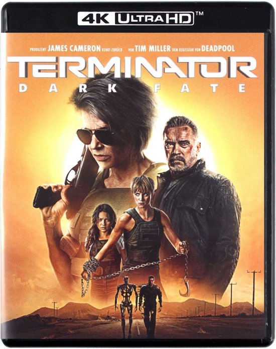 Terminator: Dark Fate 4K Ultra HD Blu-ray cover met Linda Hamilton, Mackenzie Davis en Arnold Schwarzenegger.