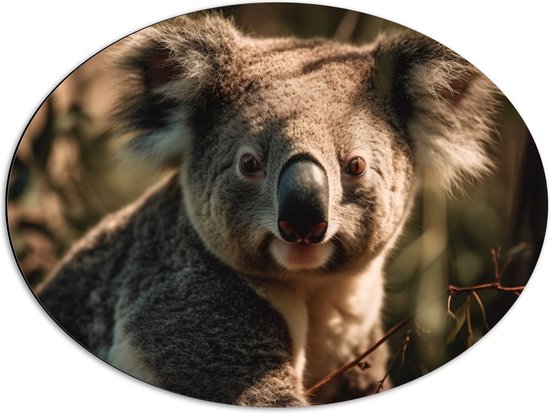 Dibond Ovaal - Aankijkende Koala in het Bos - 68x51 cm Foto op Ovaal (Met Ophangsysteem)