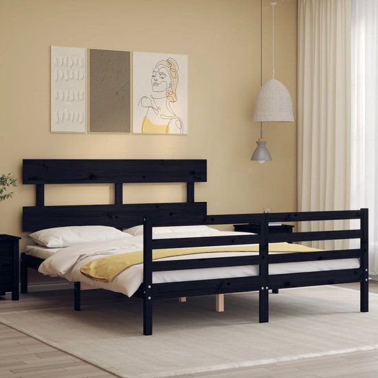 The Living Store Bed Frame - Massief grenenhout - Zwart - 205.5 x 165.5 x 81 cm - Geschikt voor matras van 160 x 200 cm - Montage vereist