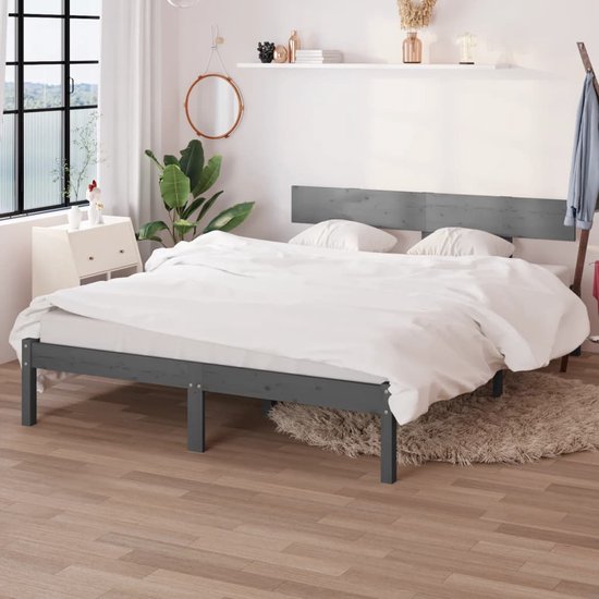 The Living Store Bedframe Hout - modern - slaapkamermeubilair - Afmetingen- 206.5 x 205.5 x 70 cm - Ken- grijs - massief grenenhout - Geschikt voor matras 200x200 cm - Montage vereist