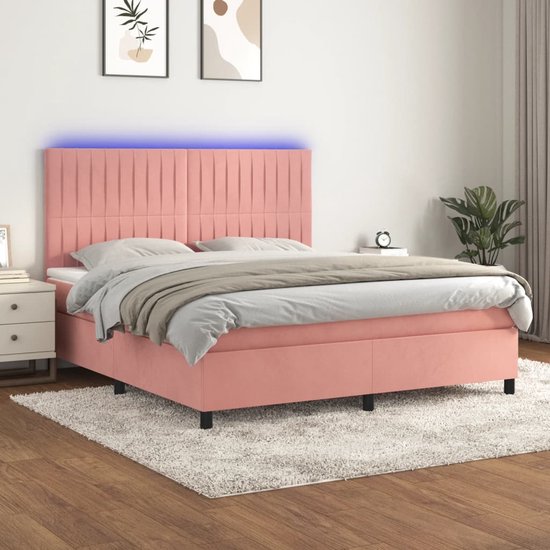 The Living Store Boxspring Bed - Luxueus bed met LED-verlichting - 180x200 cm - Materiaal- Fluweel - Mattress- Pocketvering - schuim - Topmatras- Schuim - Kleur- Roze
