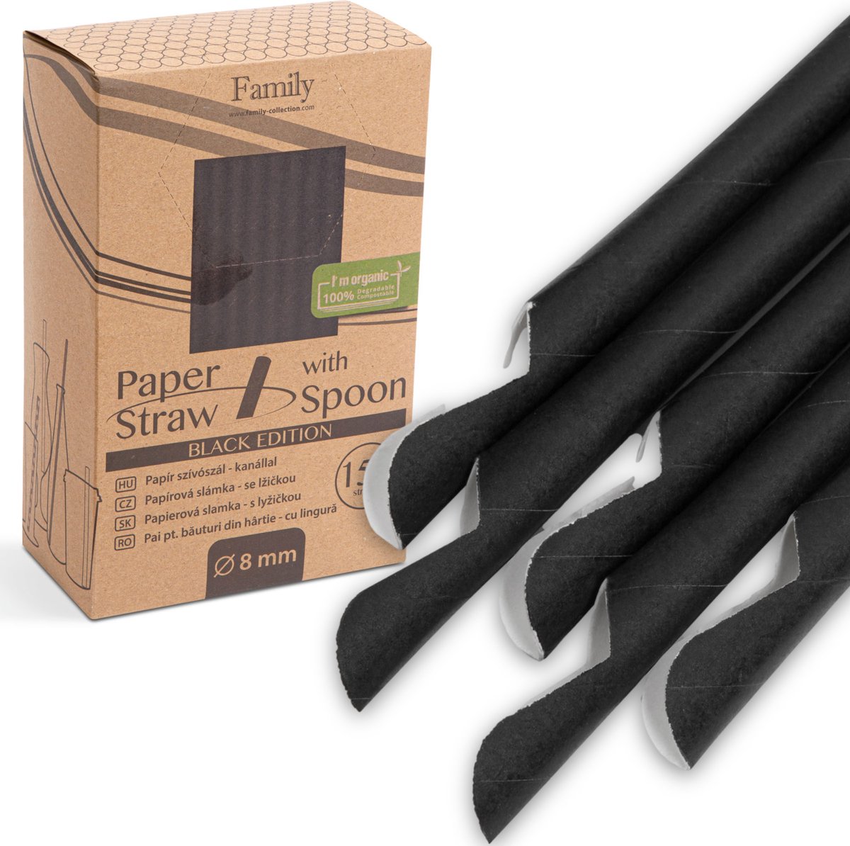 Kartonnen Drinkrietjes Zwart 8 mm 20 cm - met Lepel Onderzijde - Straws papieren Rietjes - 150 stuks - Milkshake - 100% Composteerbaar - Papieren rietjes