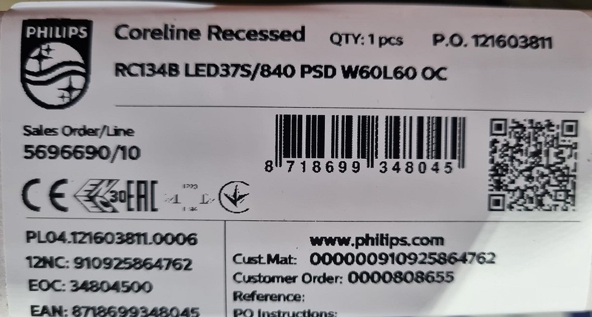 Philips Rc100b Philips CoreLine Ressesed- Inbouwarmatuur RC134B LED37S/840 PSD W60L60 ...