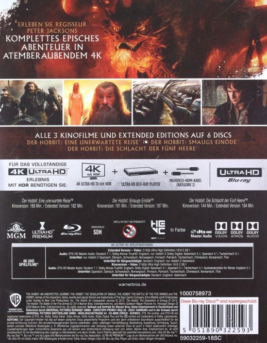 De achterkant van de 4K Ultra HD Blu-ray van de Hobbit trilogie met afbeeldingen van personages en productinformatie.