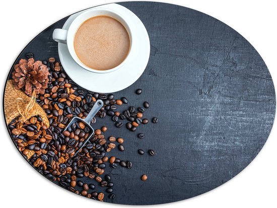 Dibond Ovaal - Bovenaanzicht van Kop Koffie met Jutten Zak met Koffieboontjes - 56x42 cm Foto op Ovaal (Met Ophangsysteem)