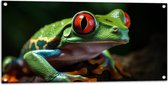 Tuinposter – Close-up van Groene Boomikker met Rode Ogen - 100x50 cm Foto op Tuinposter (wanddecoratie voor buiten en binnen)