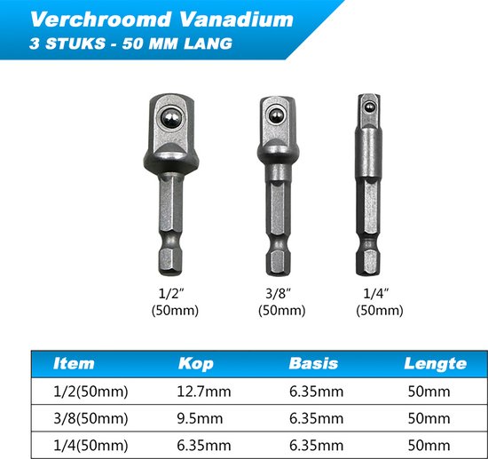 Schroefdop - Bithouderset - Bitadapter - Bitkoppeling - dophouder - Staal - 3 delig - 3 maten - Universeel - Boorkophouder - bitdrager