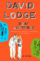 Livre 'Deaf Sentence' par David Lodge, avec illustration d'un couple chuchotant sur fond orange.