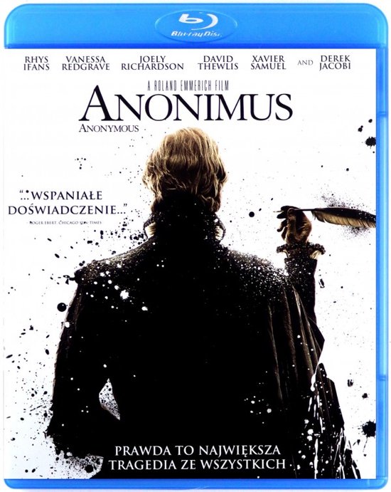 Blu-ray hoes van de film Anonymous. Een man met een veer in zijn hand, kijkend weg. Titel bovenaan.