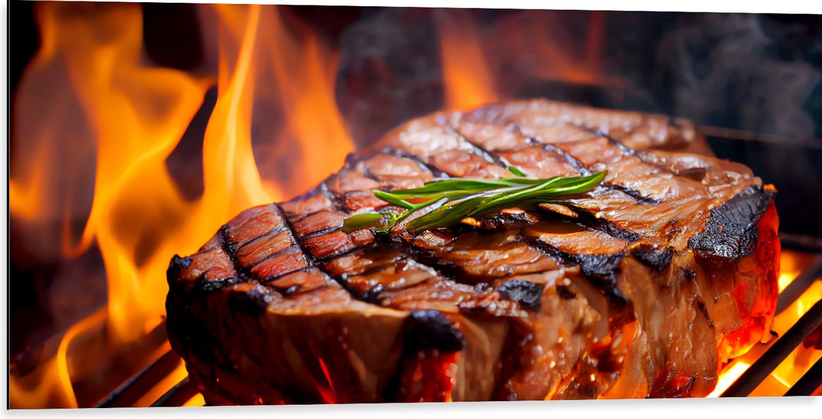Dibond - Brandende Steak op Barbecue - 100x50 cm Foto op Aluminium (Wanddecoratie van meta
