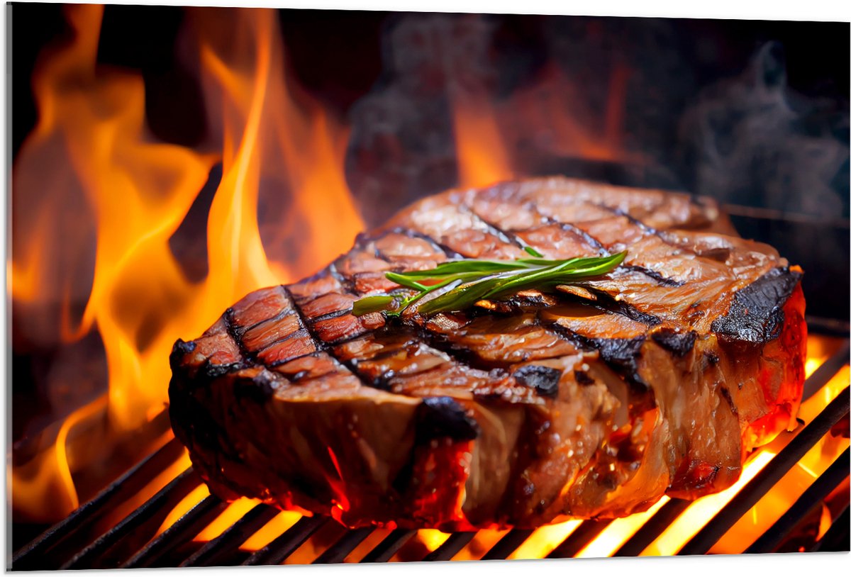 Acrylglas - Brandende Steak op Barbecue - 105x70 cm Foto op Acrylglas (Wanddecoratie op Acrylaat)