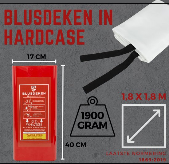 Blusdeken 180 x 180 cm – Hardcase – Kunststof box – Branddeken met ophangoog – EU-normering 1869:2019 - Technosafety