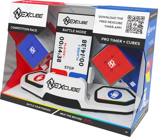 Nexcube competitiepakket met verpakking, twee speedcubes (blauw/wit en rood/wit) en een witte dubbele timer.