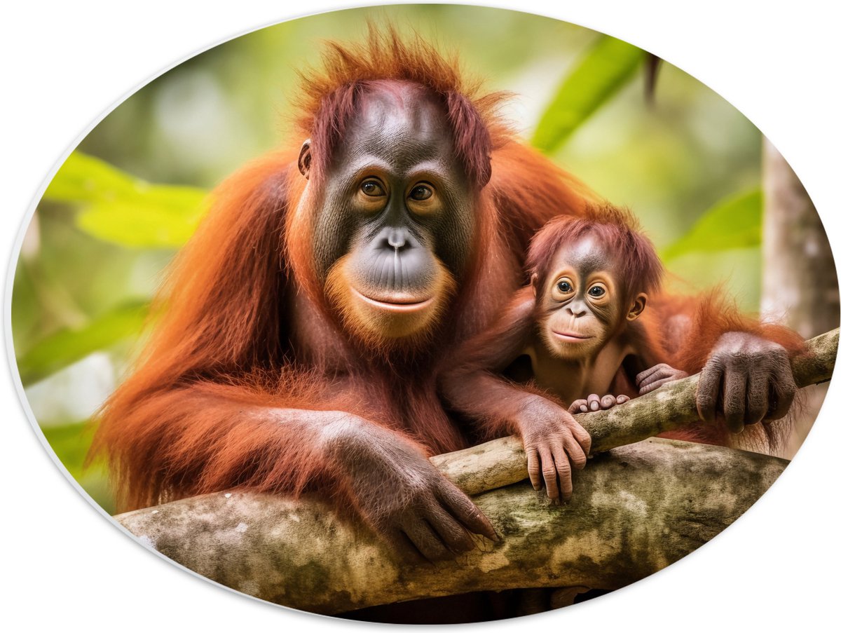 PVC Schuimplaat Ovaal - Orang Oetan Aap met Baby zittend bij Takken - 40x30 cm Foto op Ovaal (Met Ophangsysteem)