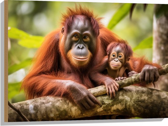 Hout - Orang Oetan Aap met Baby zittend bij Takken - 80x60 cm - 9 mm dik - Foto op Hout (Met Ophangsysteem)