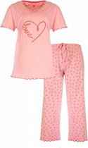 Dames Pyjama Set Tenderness – Hartjes print - 100% Gekamde Katoen – Roze- Maat 3XL