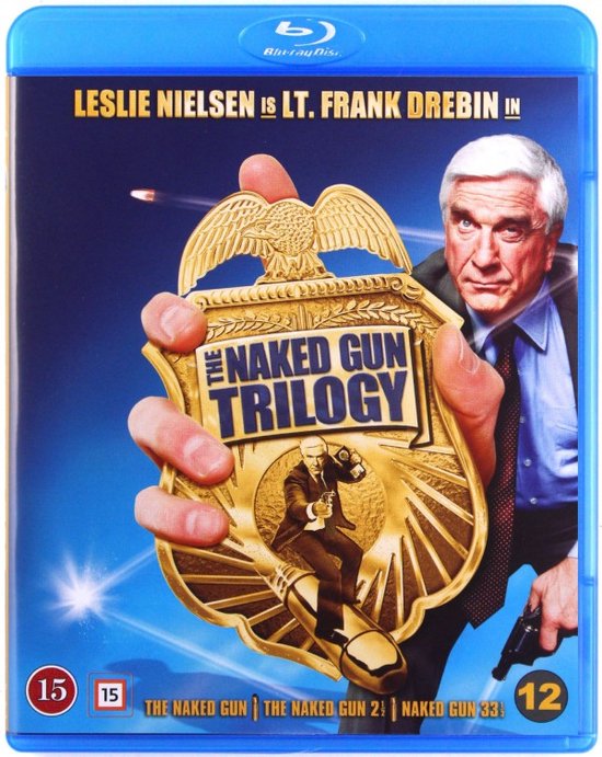 Blu-ray hoes met Leslie Nielsen die een politiebadge vasthoudt met de titel "The Naked Gun Trilogy".