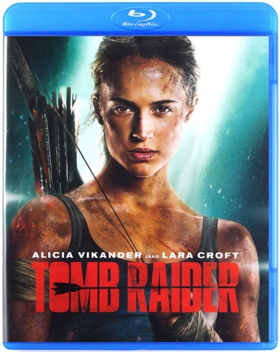 Blu-ray hoes met close-up van Lara Croft (Alicia Vikander) met boog en pijlen, filmtitel Tomb Raider.