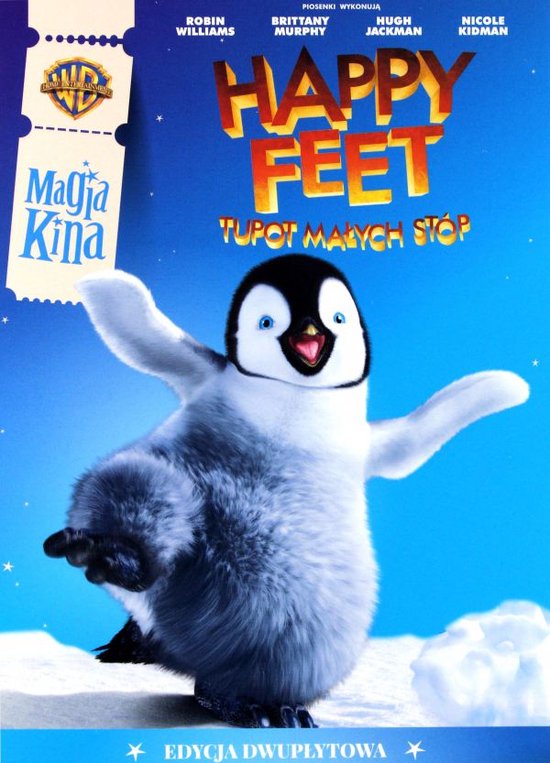 Kleine pinguïn met gevouwen vleugels op een met sneeuw bedekte ondergrond. Titel 'Happy Feet' met kleurrijke letters.