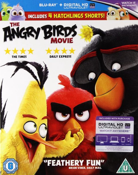 De voorkant van de Blu-ray hoes van The Angry Birds Movie toont Red, Chuck en Bomb, met blauwe en gele achtergrond.