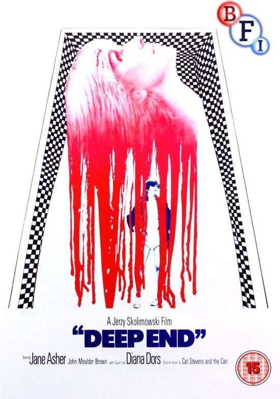 Filmcover van 'Deep End' met druipende rode verf over een gezicht en een staand figuur. BFI logo.