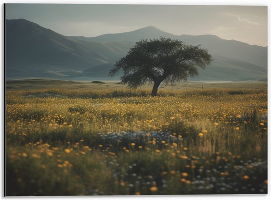 Dibond - Eenzame Grote Boom tussen Bloemen in het Veld - 40x30 cm Foto op Aluminium (Wanddecoratie van metaal)