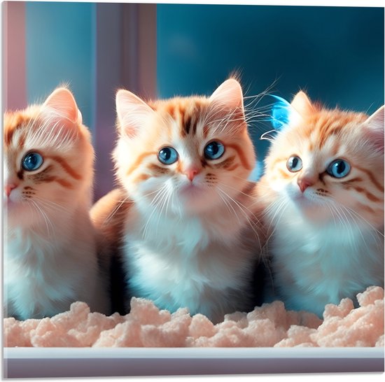 Acrylglas - Drie Aandoenlijke Roodharige Kittens - 50x50 cm Foto op Acrylglas (Met Ophangsysteem)