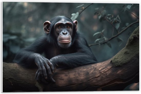PVC Schuimplaat - Chimpansee Aap Rustend op Dikke Boomstronkk - 60x40 cm Foto op PVC Schuimplaat (Met Ophangsysteem)