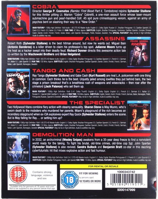 Achterkant Blu-ray box met filmbeschrijvingen en titels. Sylvester Stallone is te zien.