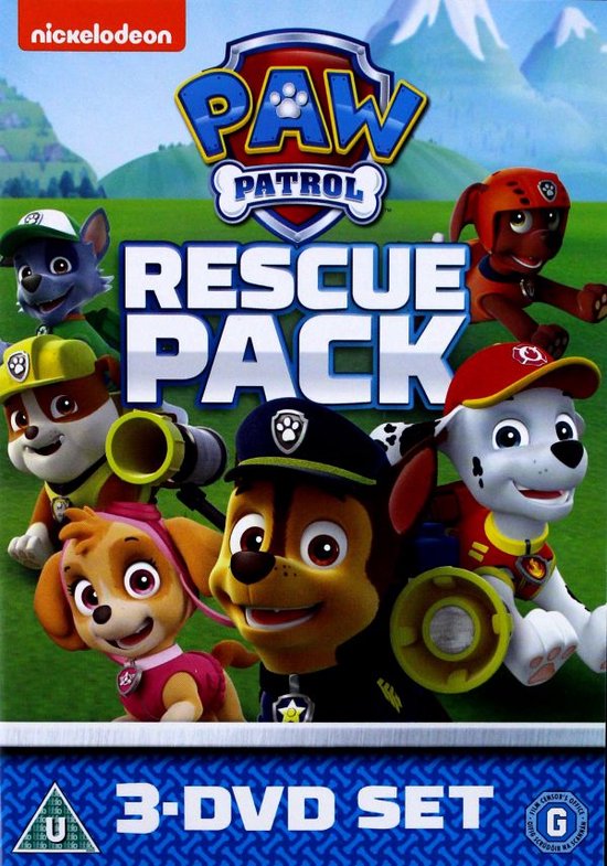 Paw Patrol Rescue Pack 3-DVD set met Chase, Marshall, Skye, Rubble, Rocky en Zuma.