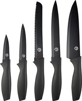 Set de couteaux, set de couteaux de cuisine comprenant couteau de chef, couteau à légumes, couteau à éplucher, couteau à trancher et couteau à pain, couteaux tranchants en acier inoxydable, revêtement antiadhésif, poignées soft touch, 5 pièces, noir