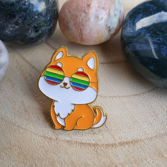 Broche corgi orange avec lunettes de soleil arc-en-ciel et bordure dorée.