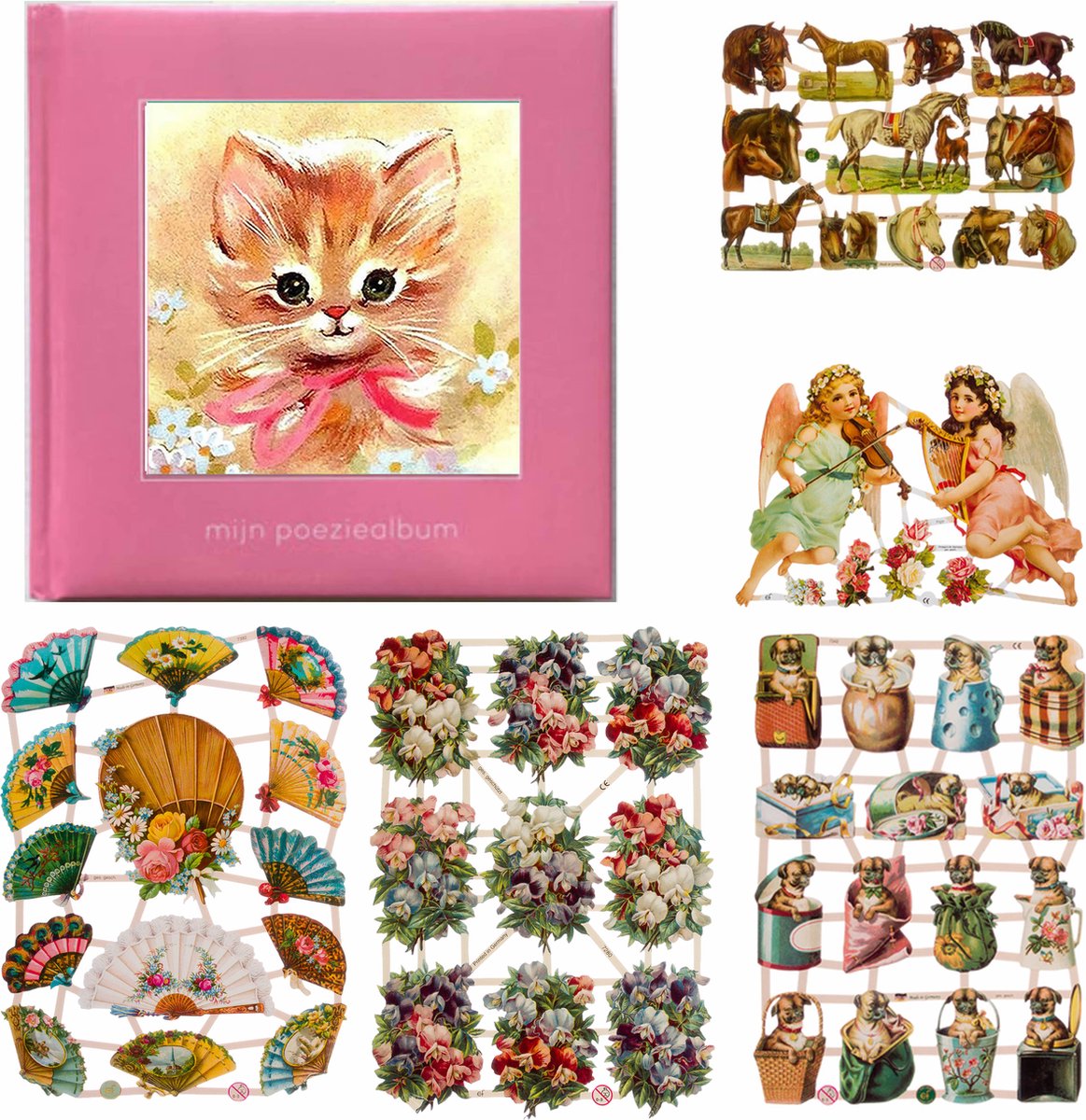 Poëziealbum - 16x16 - Lichtroze - Poes met roze strik - met 5 vellen Poëzieplaatjes - Versjes - Gedicht - Cadeau - Sint - Geschenk - Knutselen - Hobby - Creatief - Scrapbook - Poezie