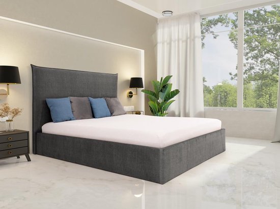 PASCAL MORABITO Bed met opbergruimte 140 x 200 cm - Velours - Grijs + matras - SORYO L 160 cm x H 125 cm x D 214 cm