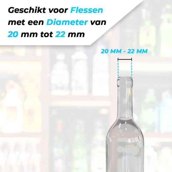 Glazen hals van een fles met de tekst '20 MM - 22 MM' en een indicatie van de diameter.
