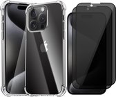 Hoesje geschikt voor iPhone 15 Pro Max - 2x Privacy Screen Protector FullGuard - Back Cover Case ShockGuard Transparant & Screenprotector