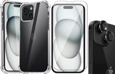 Hoesje geschikt voor iPhone 15 Plus - Screenprotector GlassGuard & Camera Lens Screen Protector Zwart - Back Cover Case ShockGuard Transparant
