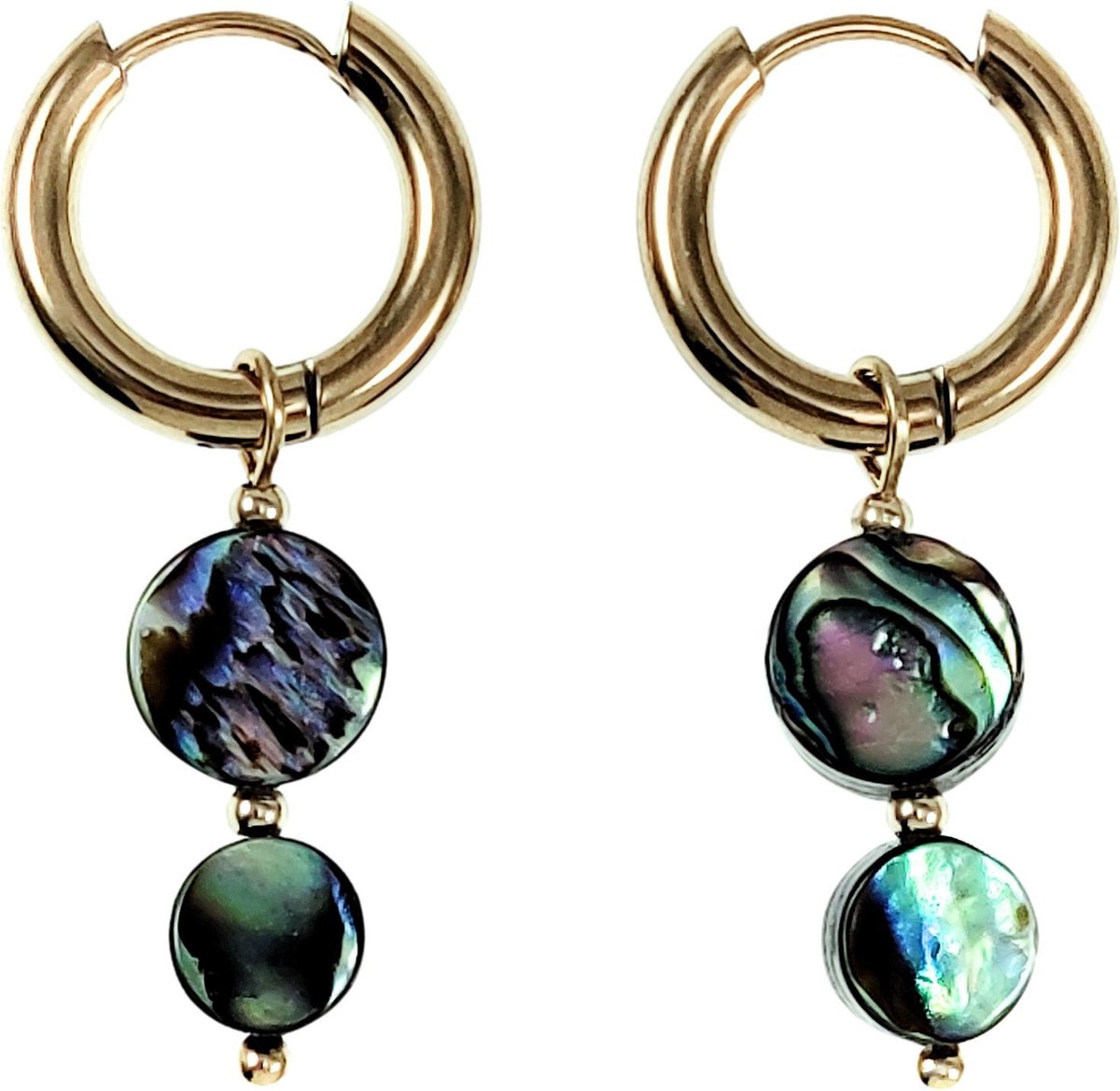 ∅15mm Oorringen Dames - Natuurlijke Abalone Schelp - Verguld RVS - Oorbellen met Twee Abalone Schelp