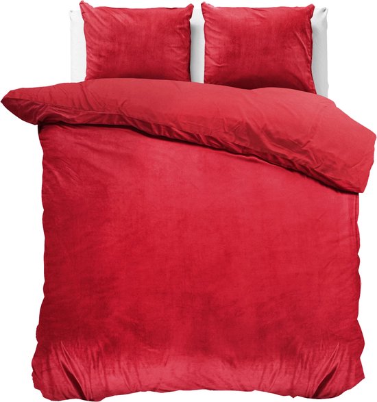 Fluweel zachte velvet dekbedovertrek uni rood - 140x200/220 (eenpersoons) - super fijn slapen - stijlvolle uitstraling - luxe kwaliteit - met handige drukknopen